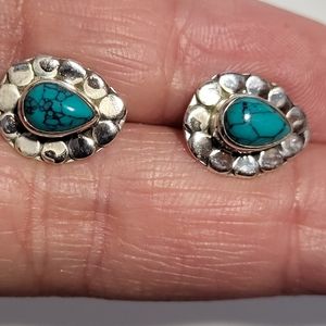 Turquoise Stud Small Tear-drop Silver Earrings 925